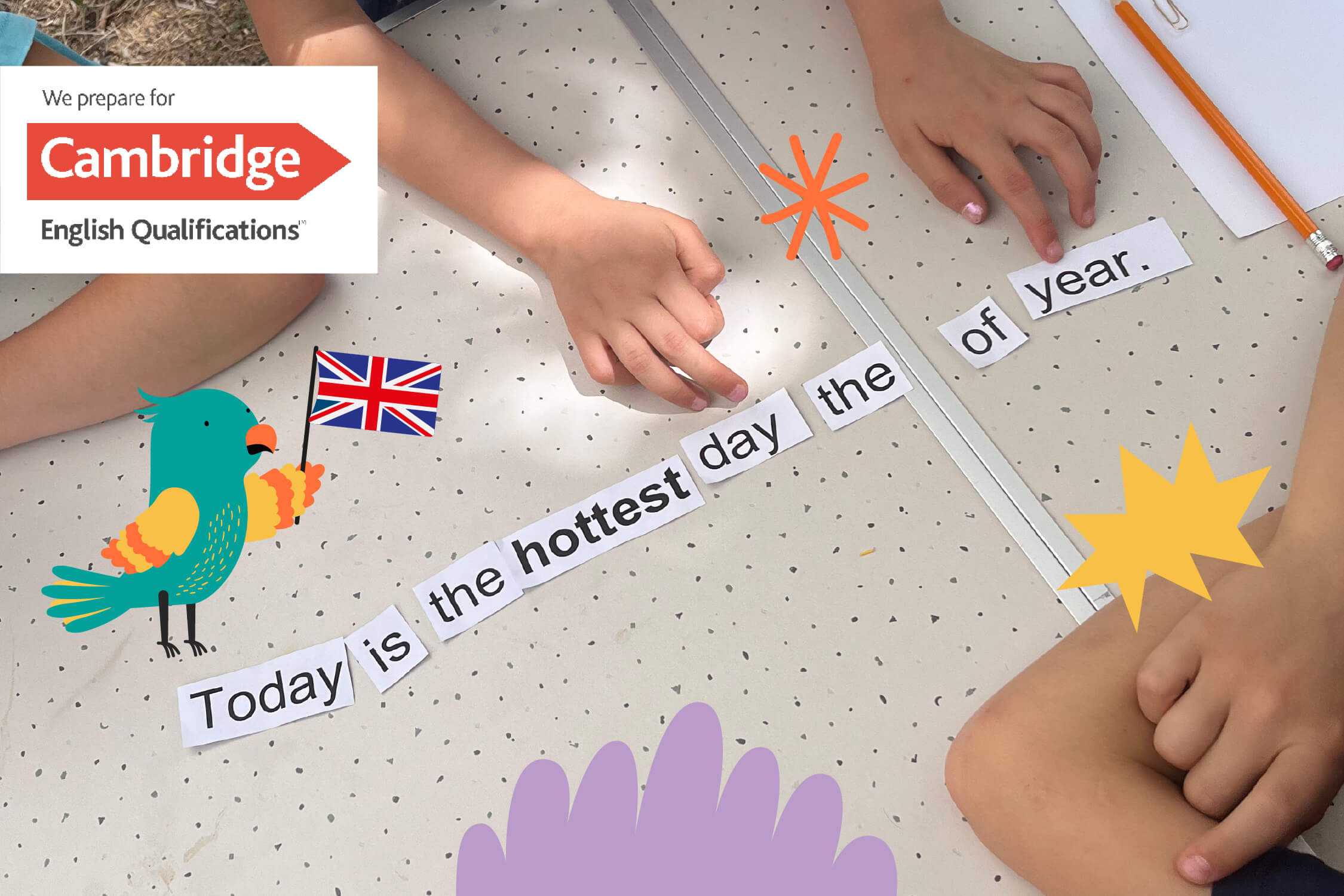 Bambini che imparano l’inglese giocando con le parole: esercizio di composizione della frase 'Today is the hottest day of the year' durante un corso preparatorio Cambridge presso BSchool